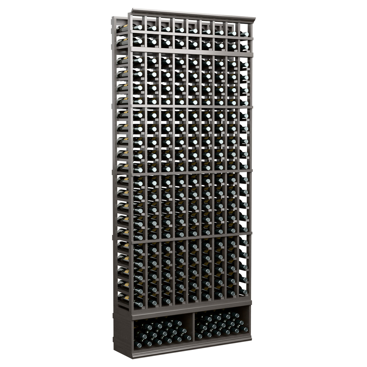 9-column wine bottle rack with dark finish and front bottle slots, 8 ft tall.