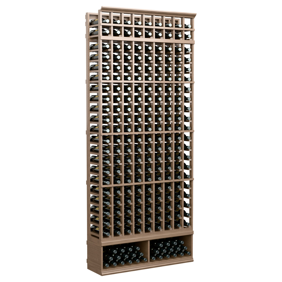 9-column wine bottle rack with light wood tone, bottle slots on front, 8 ft tall.