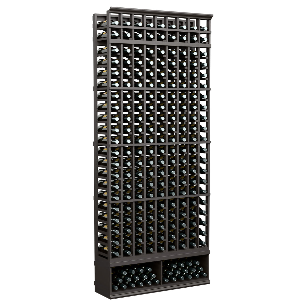 9-column wine bottle rack with dark finish, bottle holders visible across face, 8 ft.
