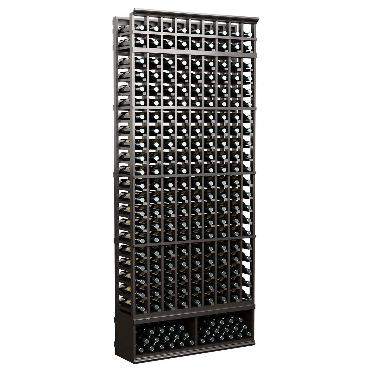 9-column wine bottle rack with dark finish, open lattice and bottle slots, 8 ft tall.