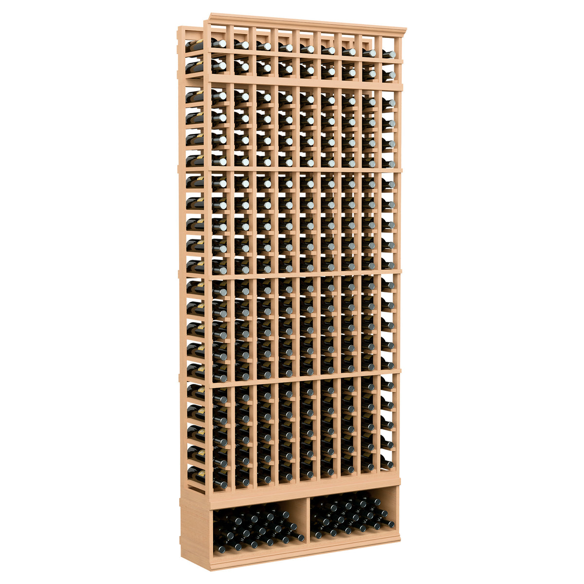 9-column wooden wine bottle storage rack with light wood frame and front bottle grid