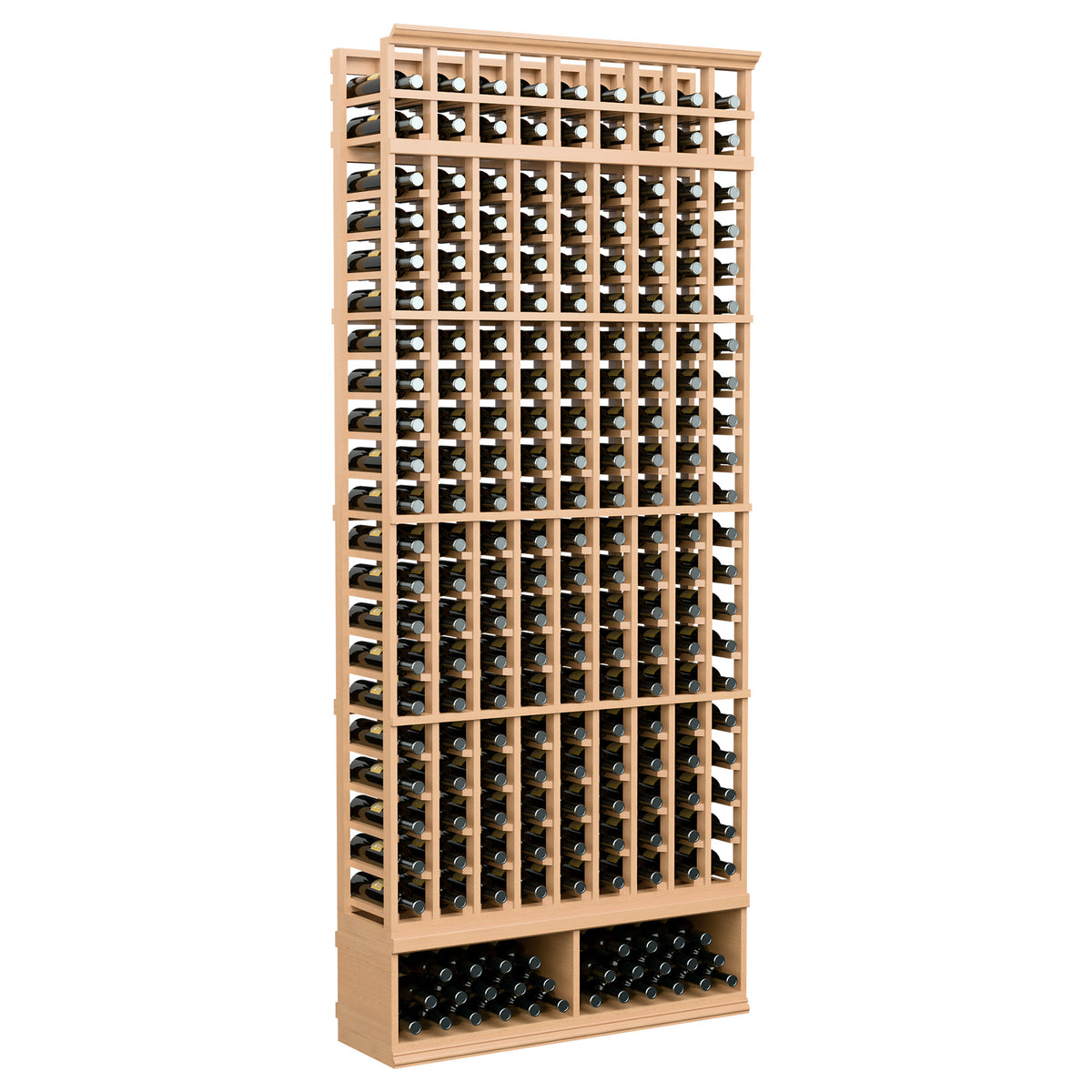9-column wooden wine bottle storage rack with honey-toned frame and bottle grid front