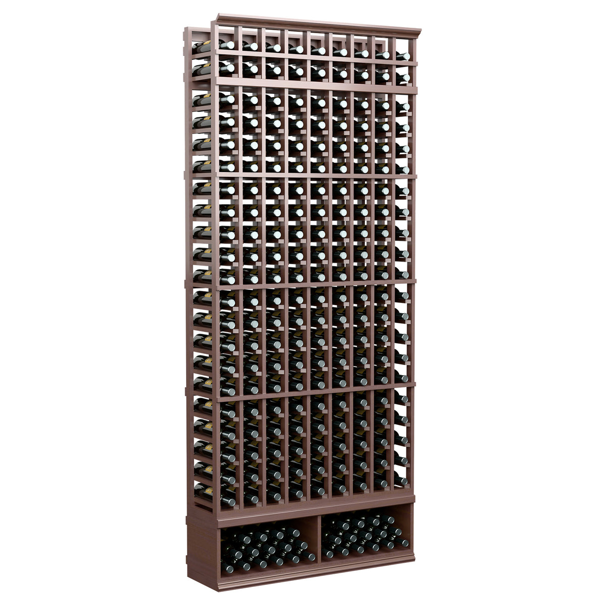 9-column wooden wine bottle storage rack with rich dark brown frame and front bottle grid