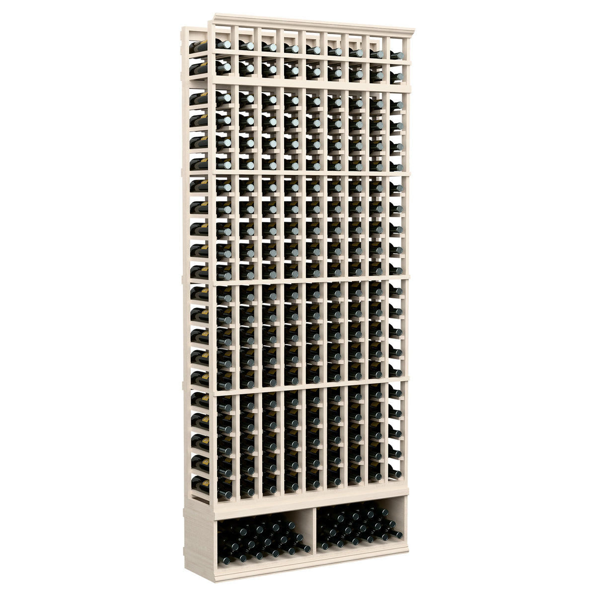 9-column wooden wine bottle storage rack with whitewashed frame and front bottle grid