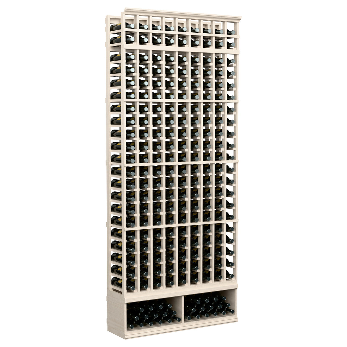 9-column wooden wine bottle storage rack with light wood frame and bottom bottle compartments