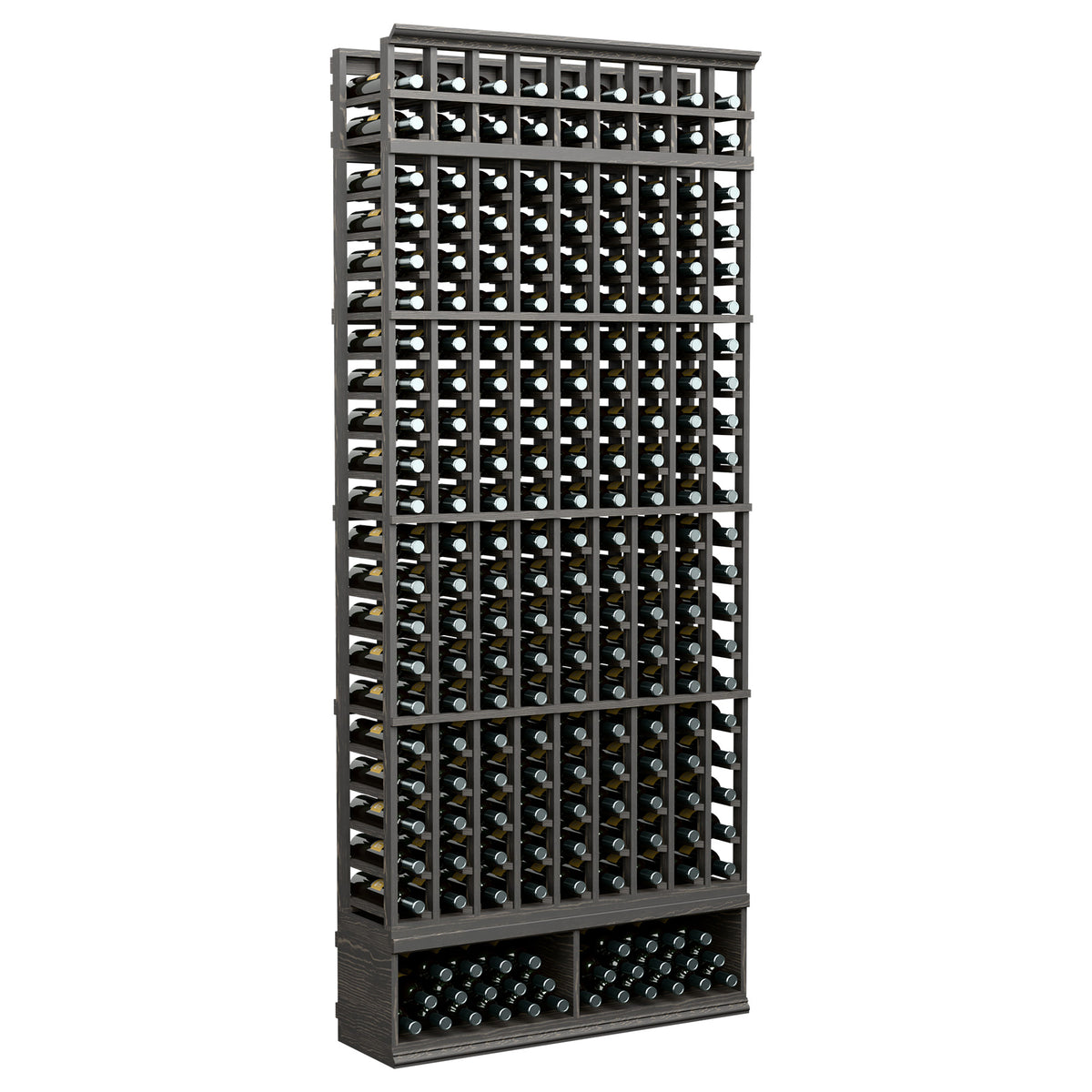Black wine bottle storage rack, nine columns, 8 ft tall, front grid with bottle holes