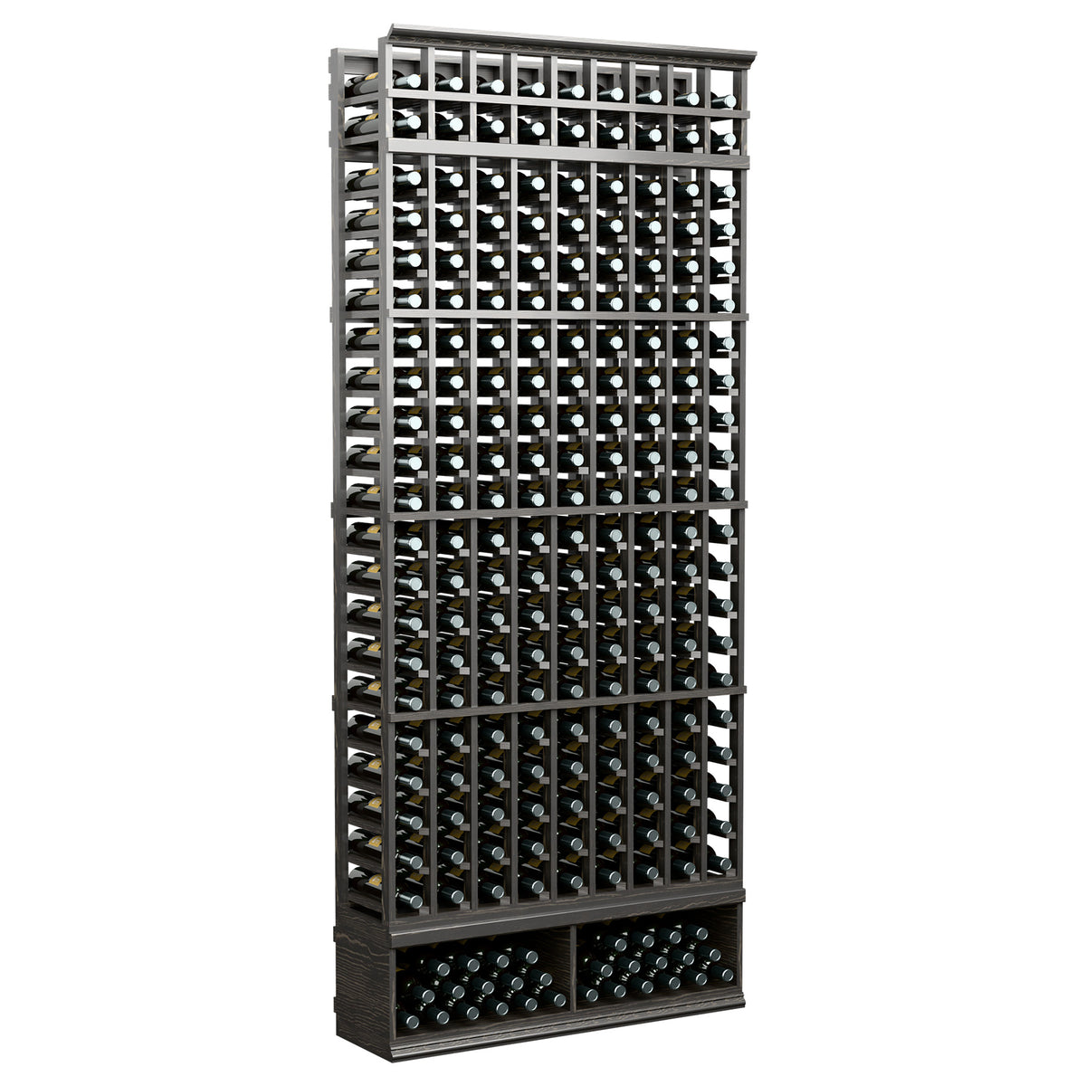 Dark wine rack cabinet with nine columns, 8 ft tall, front display holds bottles
