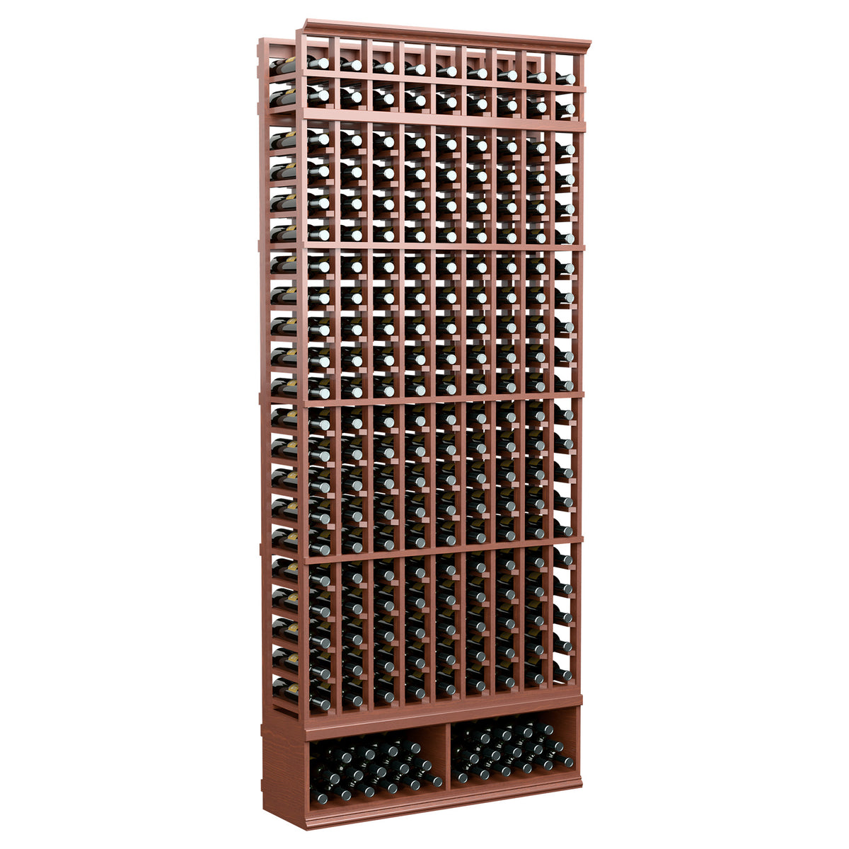 Espresso-toned wine rack with nine columns, 8 ft tall, front grid with bottle openings
