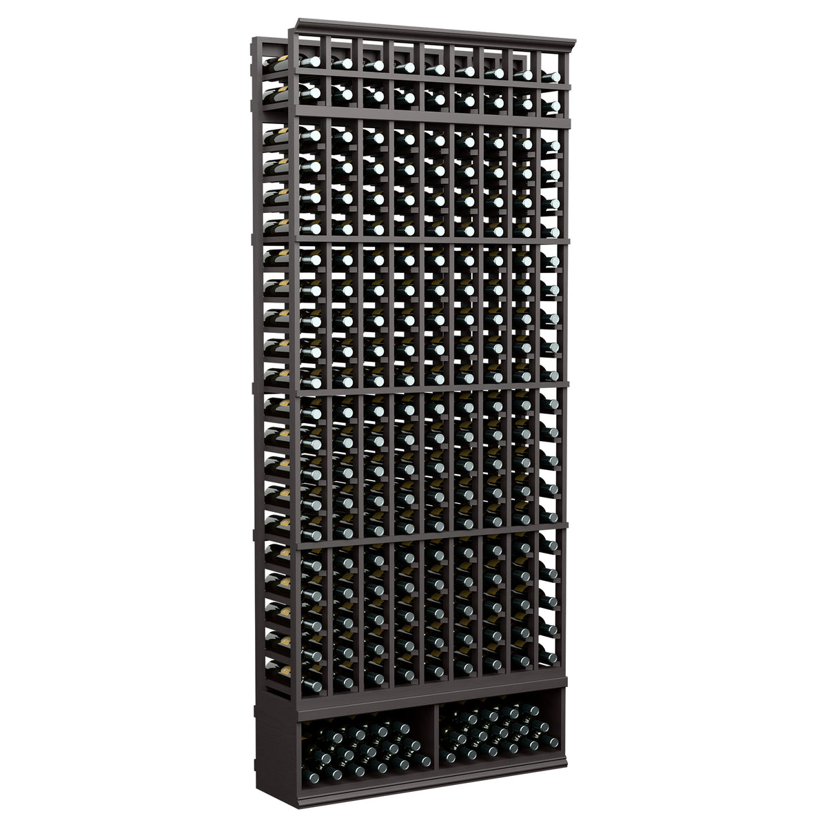 Black wine bottle storage rack, nine columns, 8 ft tall, front grid bottle openings
