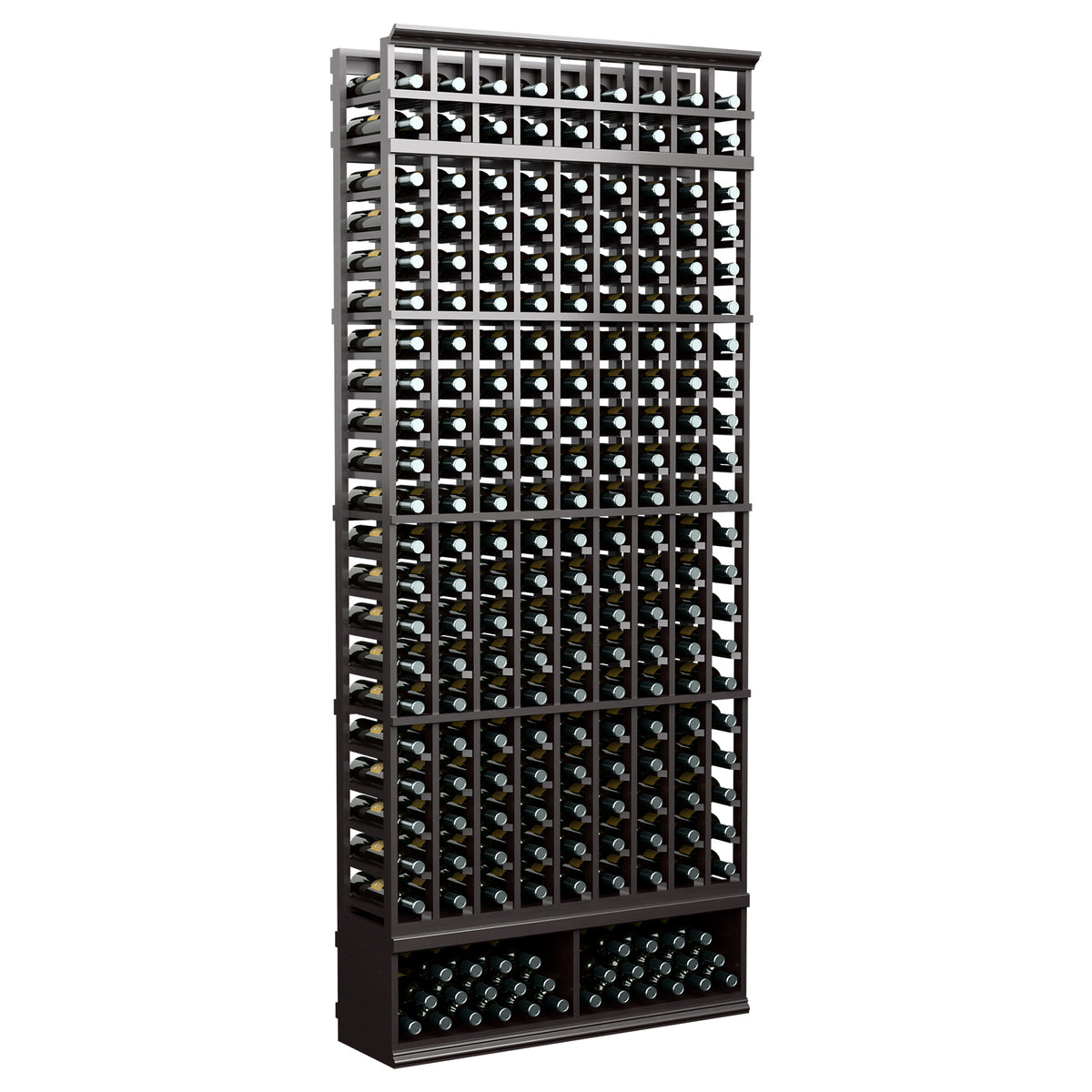 Dark gray wine rack cabinet, nine columns, 8 ft tall, front grid holds bottles