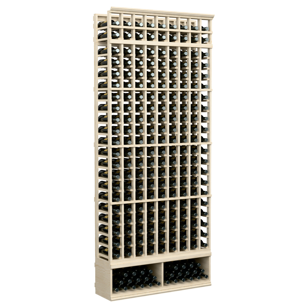 9-column wine bottle rack with square bottle grid, pale wood finish, 8-ft height.