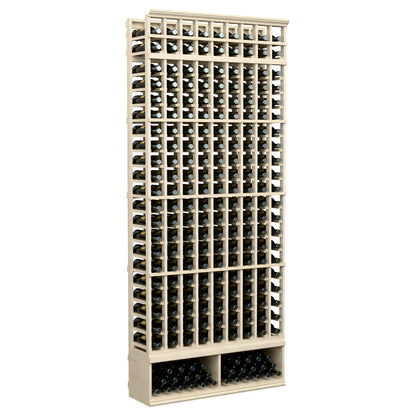 9-column wine bottle rack with square bottle grid, pale wood finish, 8-ft height.