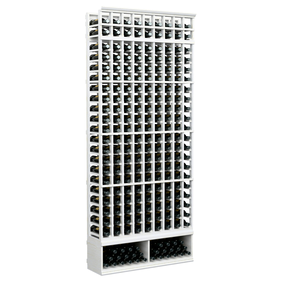 9-column wine bottle rack with square grid, white-painted frame, 8-ft tall.