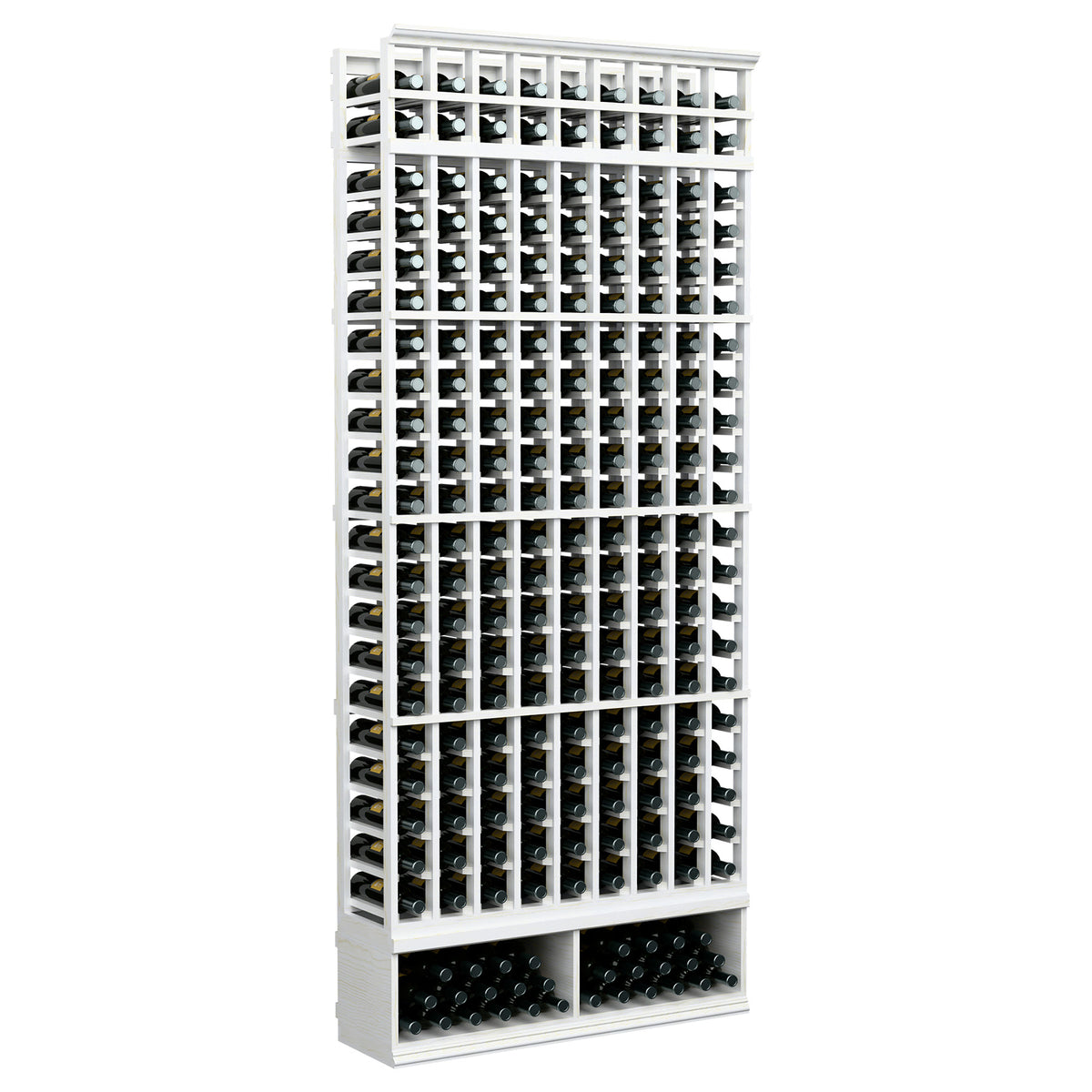 9-column wine bottle rack with square grid, white wood finish, 8-ft height.