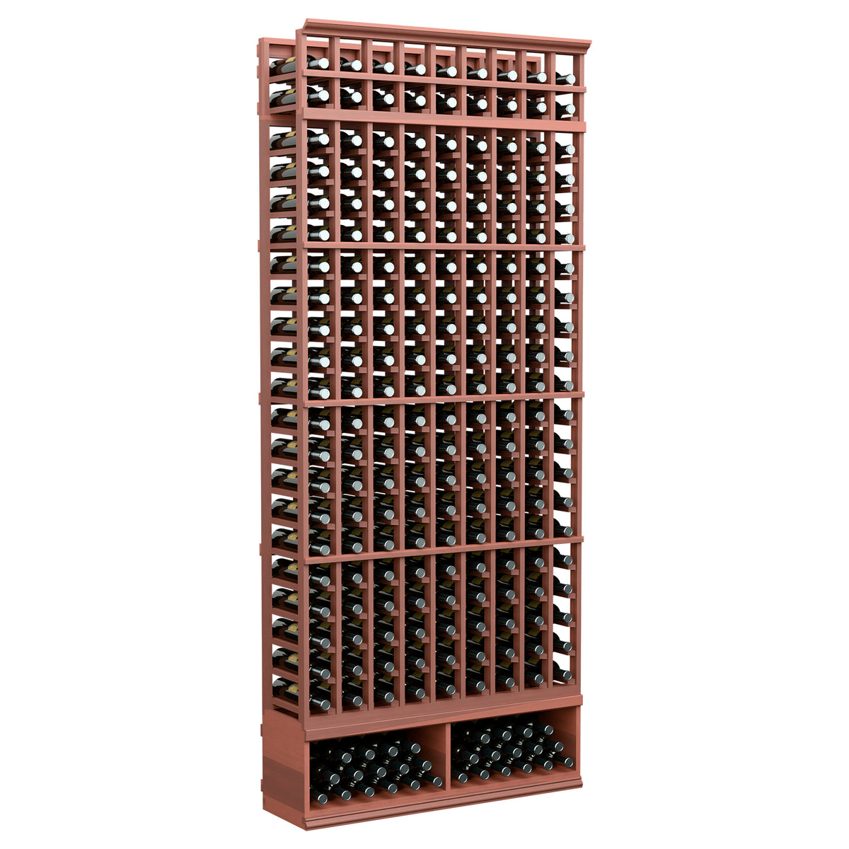 Red-brown 9-column wine bottle rack with wooden frame and bottle holders