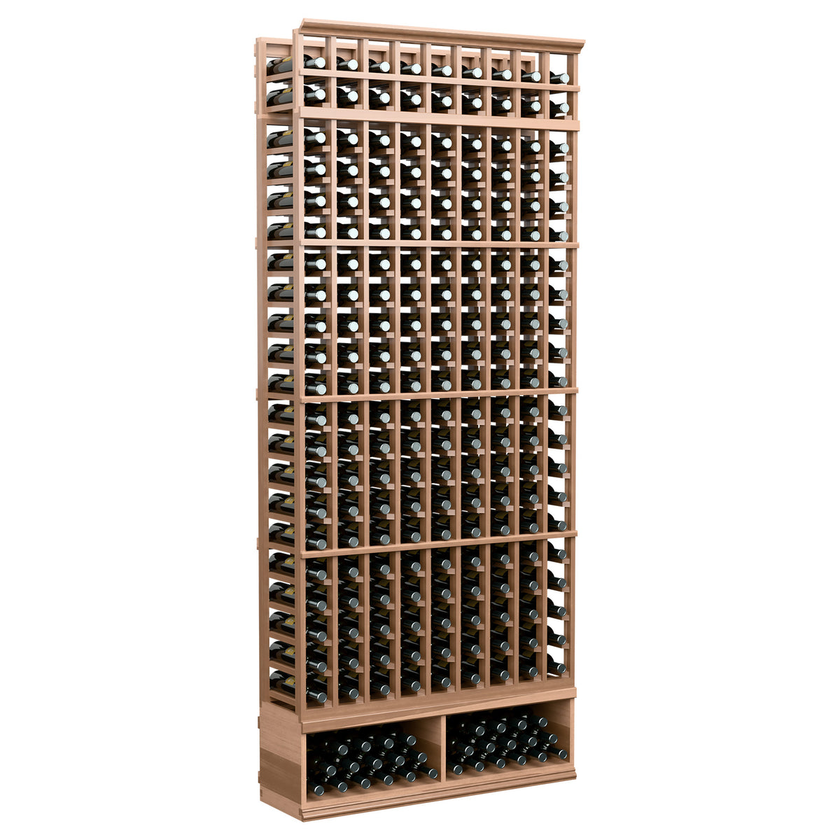 Light tan 9-column wine bottle rack with wooden crossbars and bottle holders