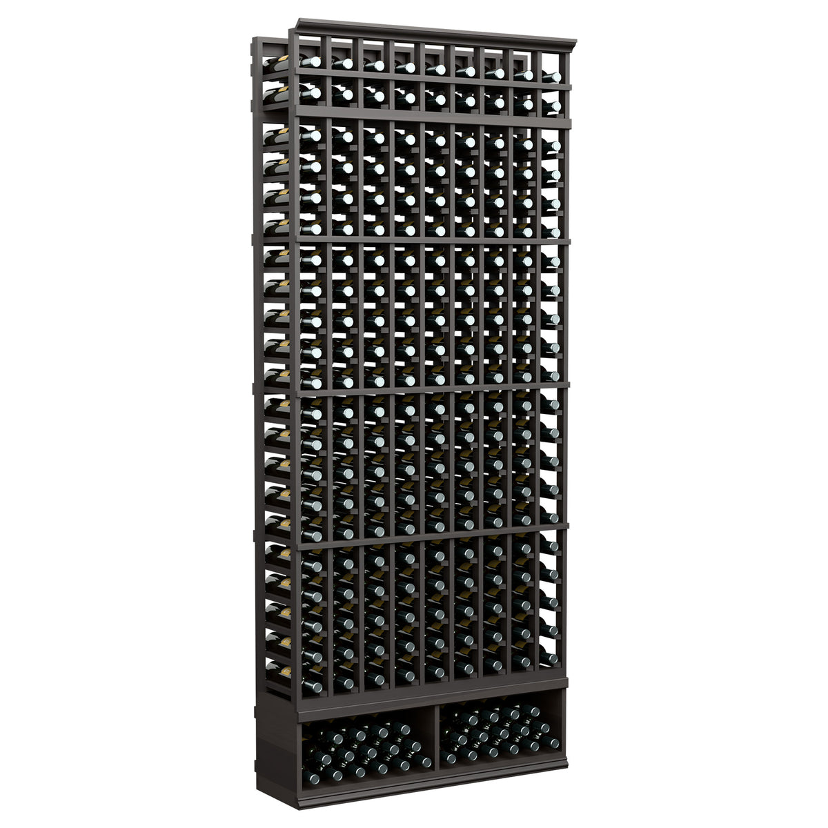 Black 9-column wine bottle rack with metal grid and bottle slots, 8 ft