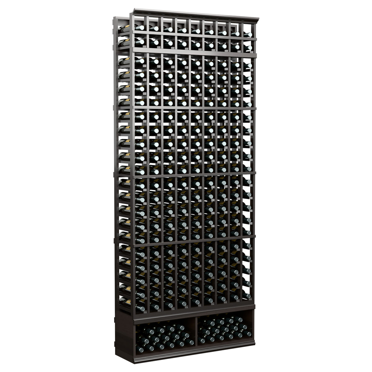 Charcoal-black 9-column wine bottle rack, full front view with bottle holders