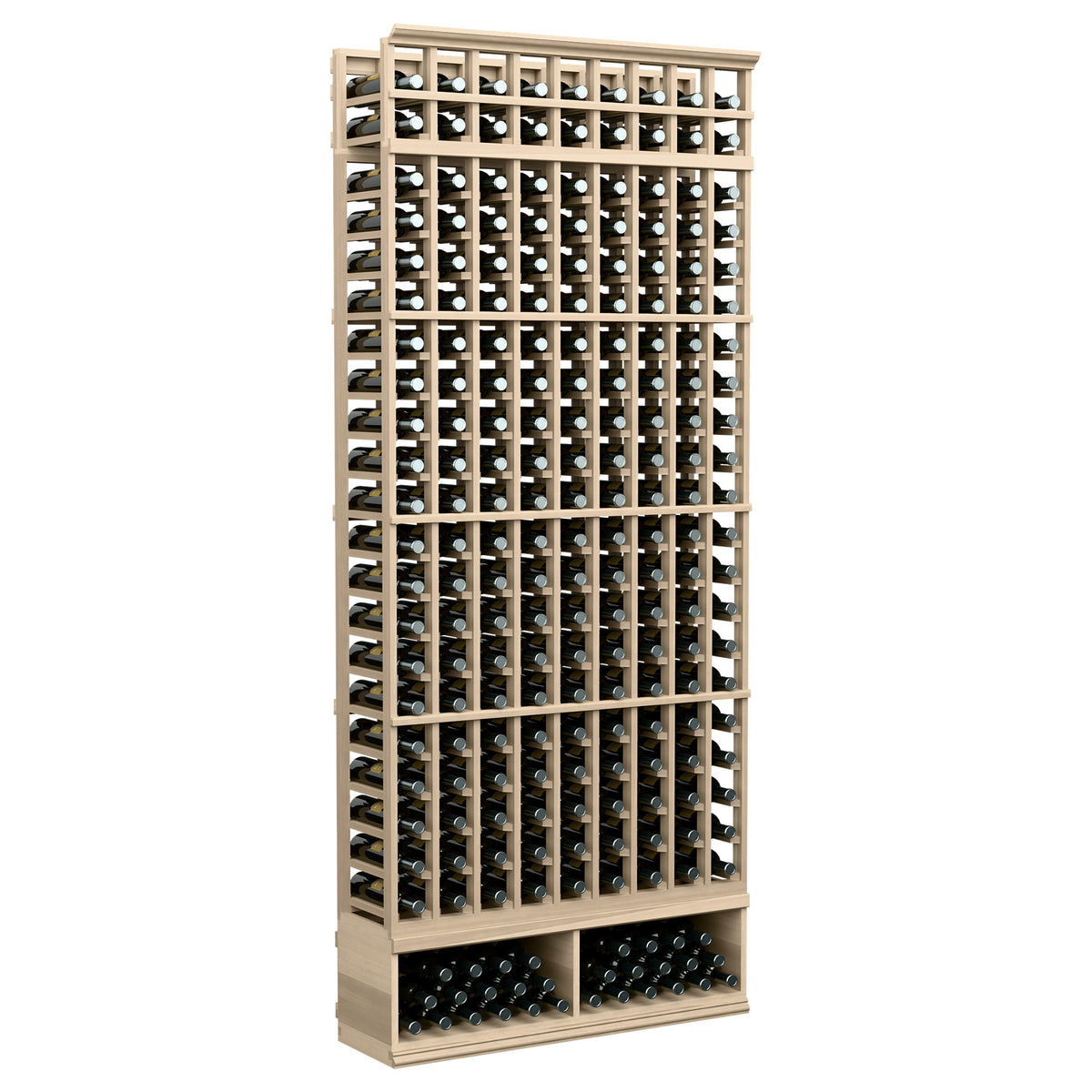 Wine bottle storage rack with 9 columns, light wood frame, front view.