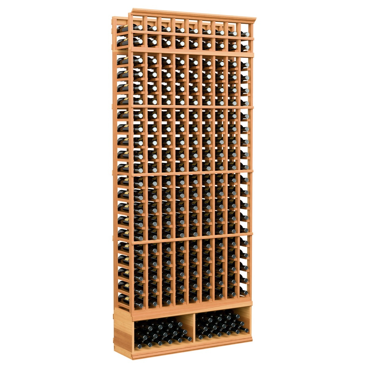 Wine bottle storage rack with 9 columns, warm wood frame, front view.