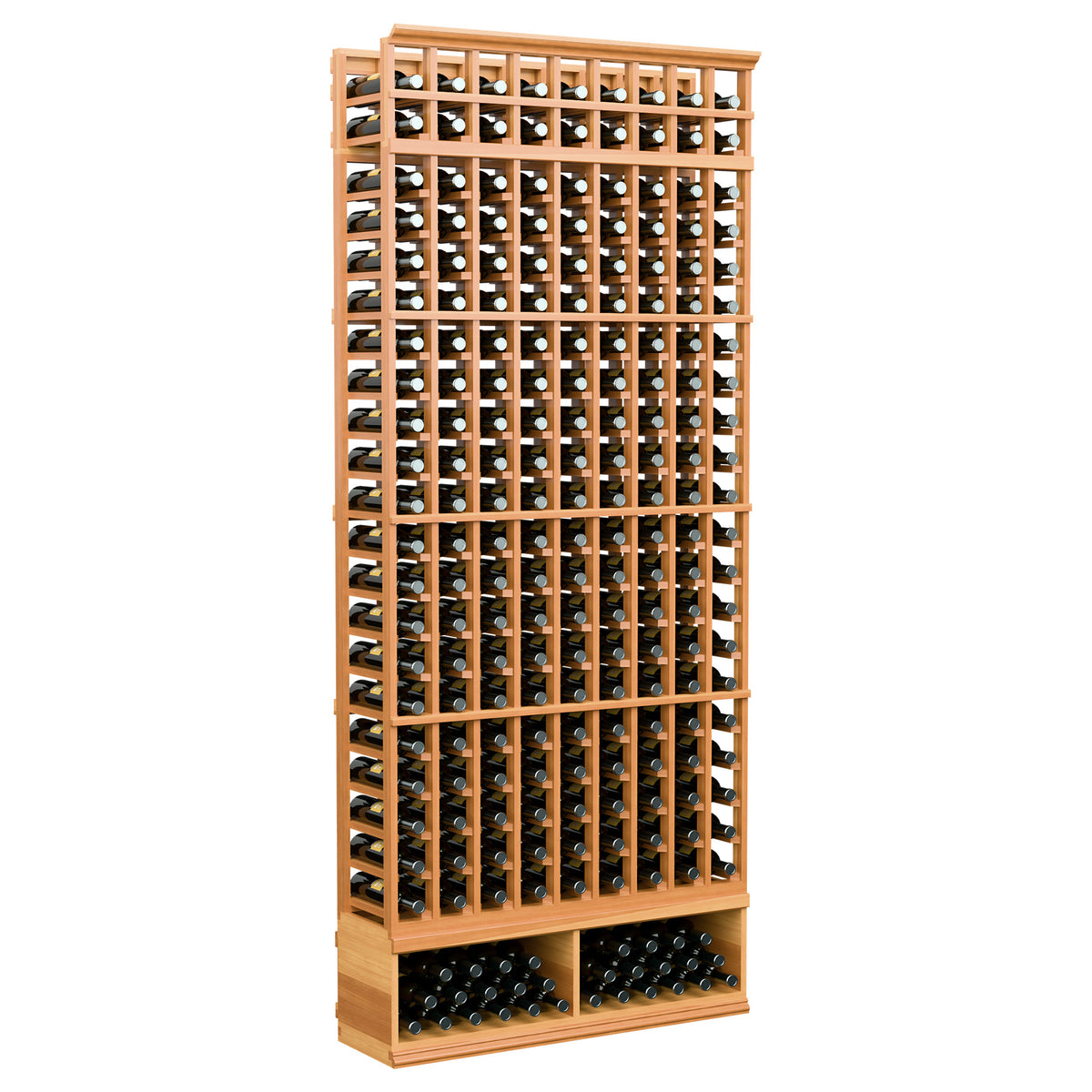 Wine bottle storage rack with 9 columns, warm wood frame, front view, full rack.