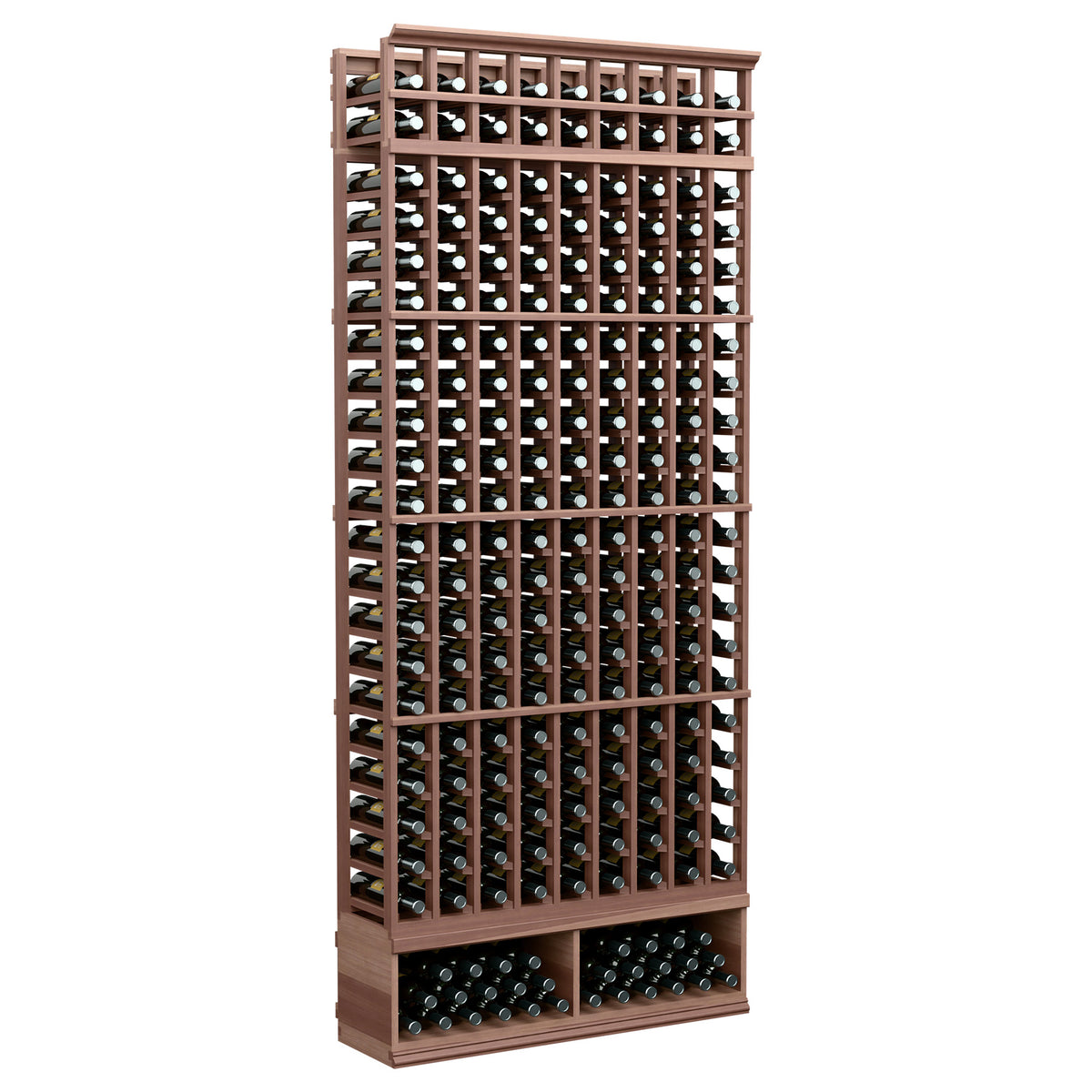 Wine bottle storage rack with 9 columns, dark wood frame, front view.