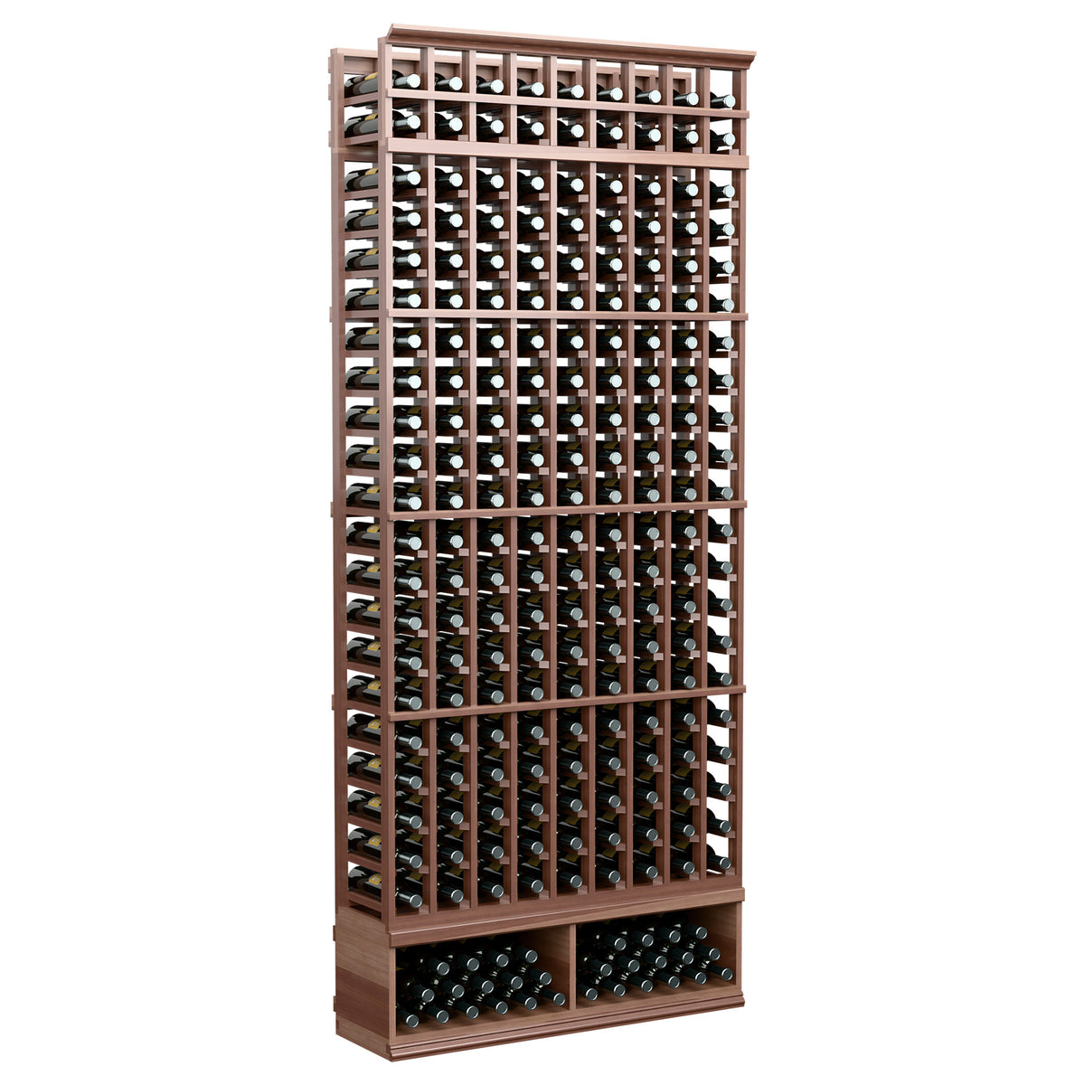 Wine bottle storage rack with 9 columns, dark wood frame, front view, full rack.