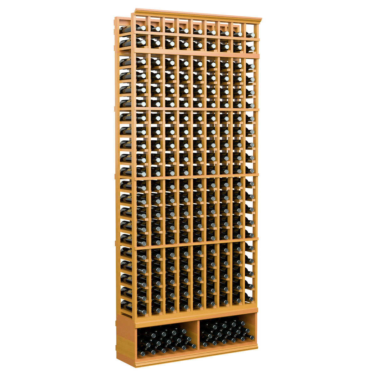 Wine bottle storage rack with 9 columns, golden wood frame, front view, full rack.