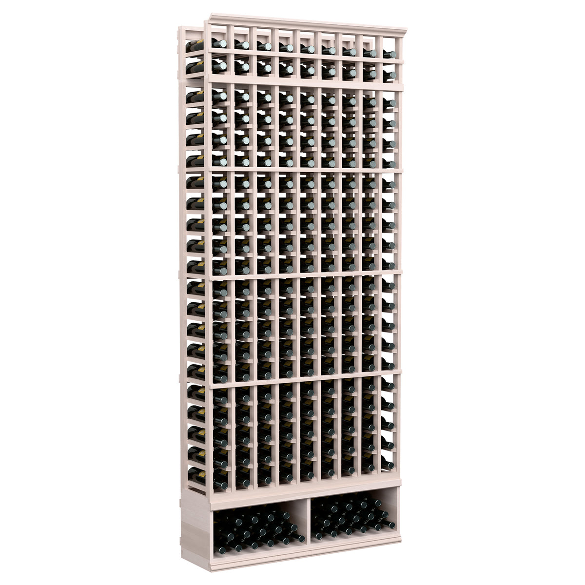 Wine bottle storage rack with 9 columns, gray wood frame, front view.