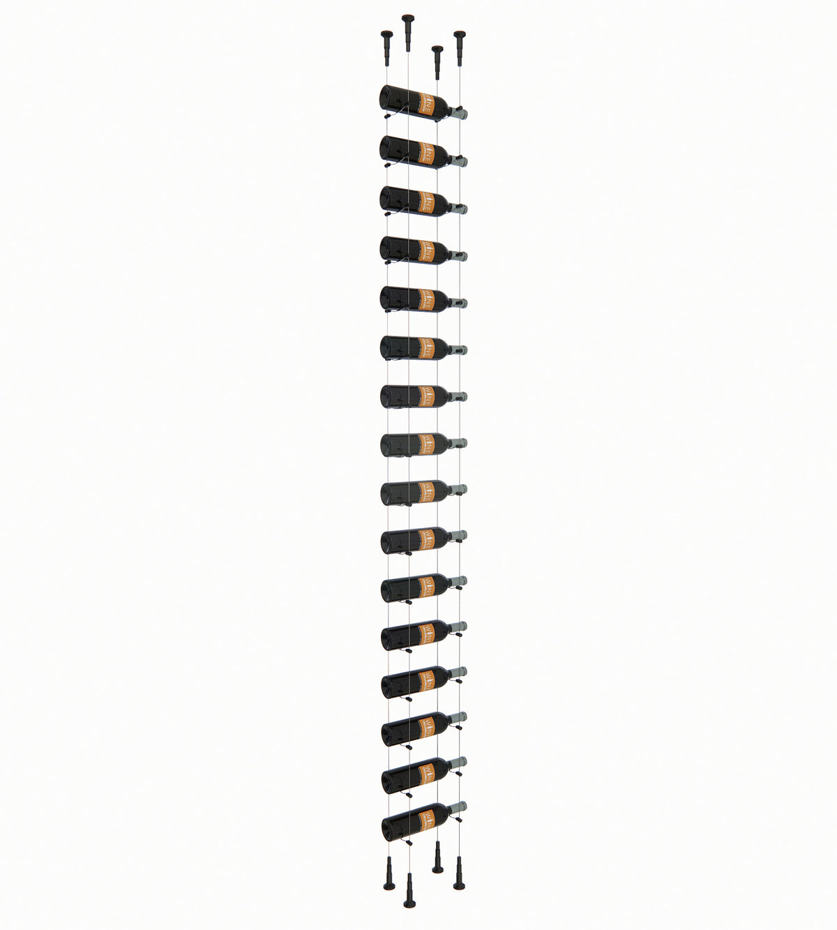 16-bottle wine rack featuring horizontal bottle holders and dark end mounting hardware