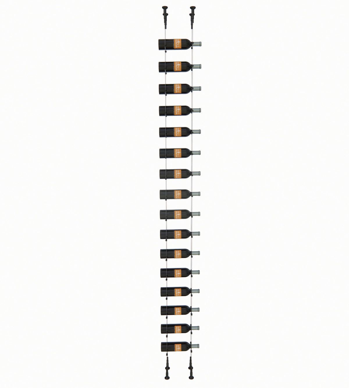 16-bottle wine rack with bottle holder bars and mounted end posts for vertical display