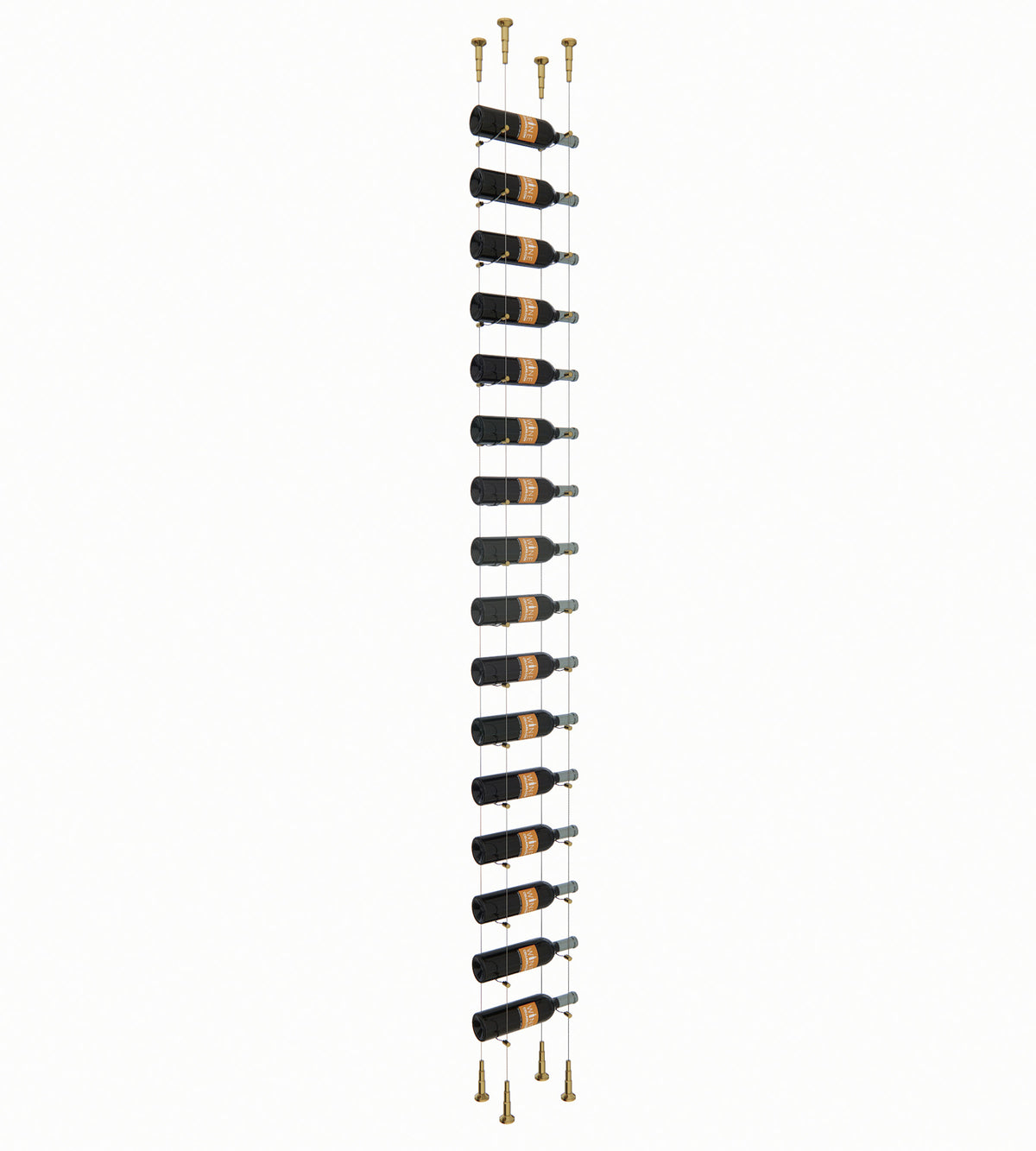 16-bottle wine rack holding multiple bottles on wall-mounted rails with end support posts