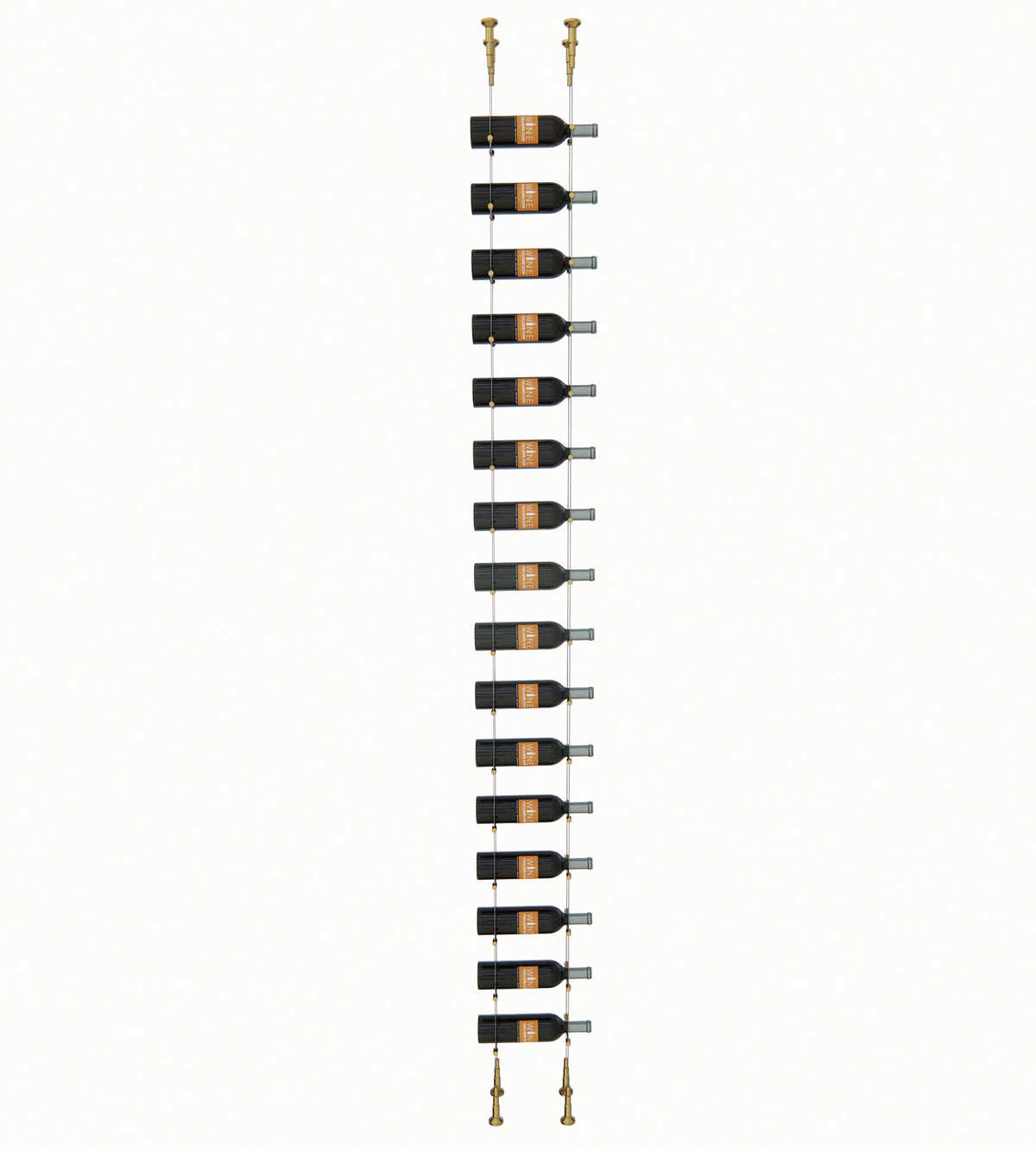 16-bottle wall wine rack with floating-style horizontal bottle slots and metal end posts