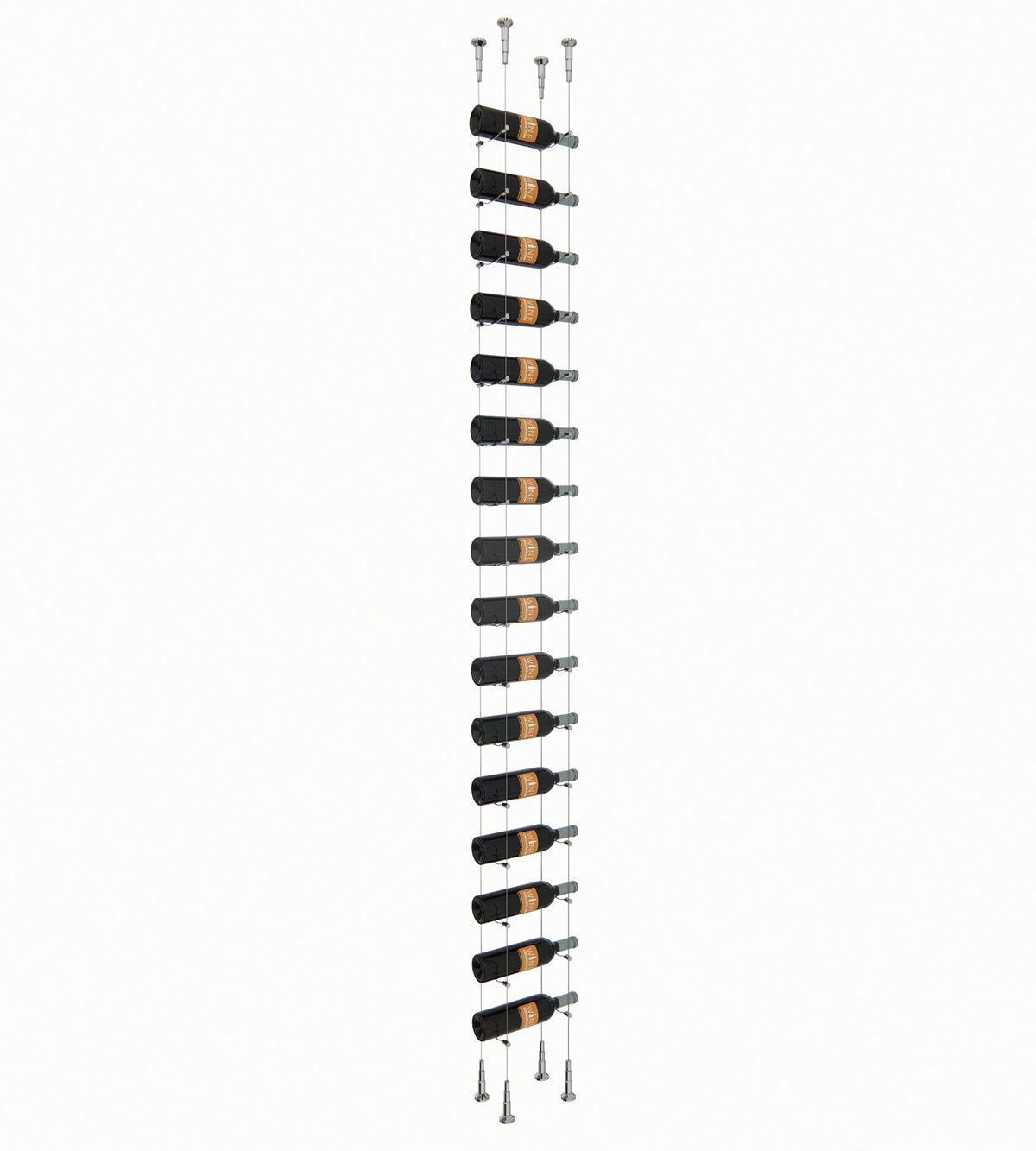 16-bottle wine storage rack with floating bottle slots and dark metal end posts