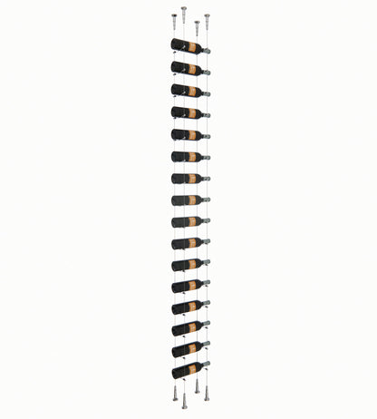 16-bottle wine storage rack with floating bottle slots and dark metal end posts