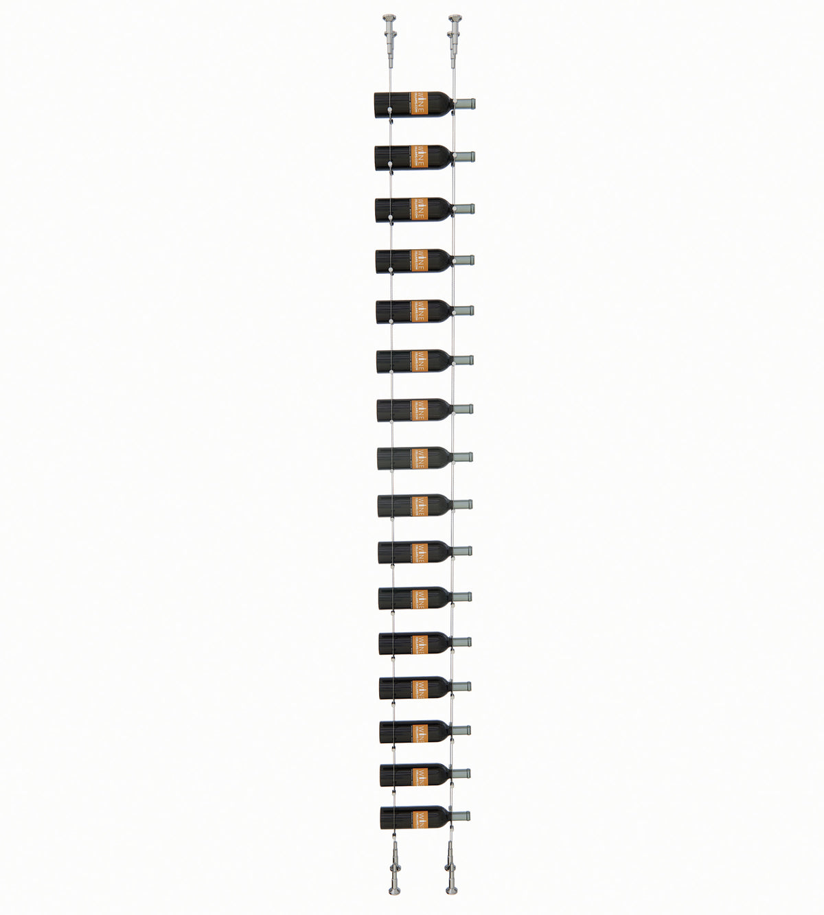 16-bottle wall-mounted wine rack with bottle cradles and light metal mounting posts