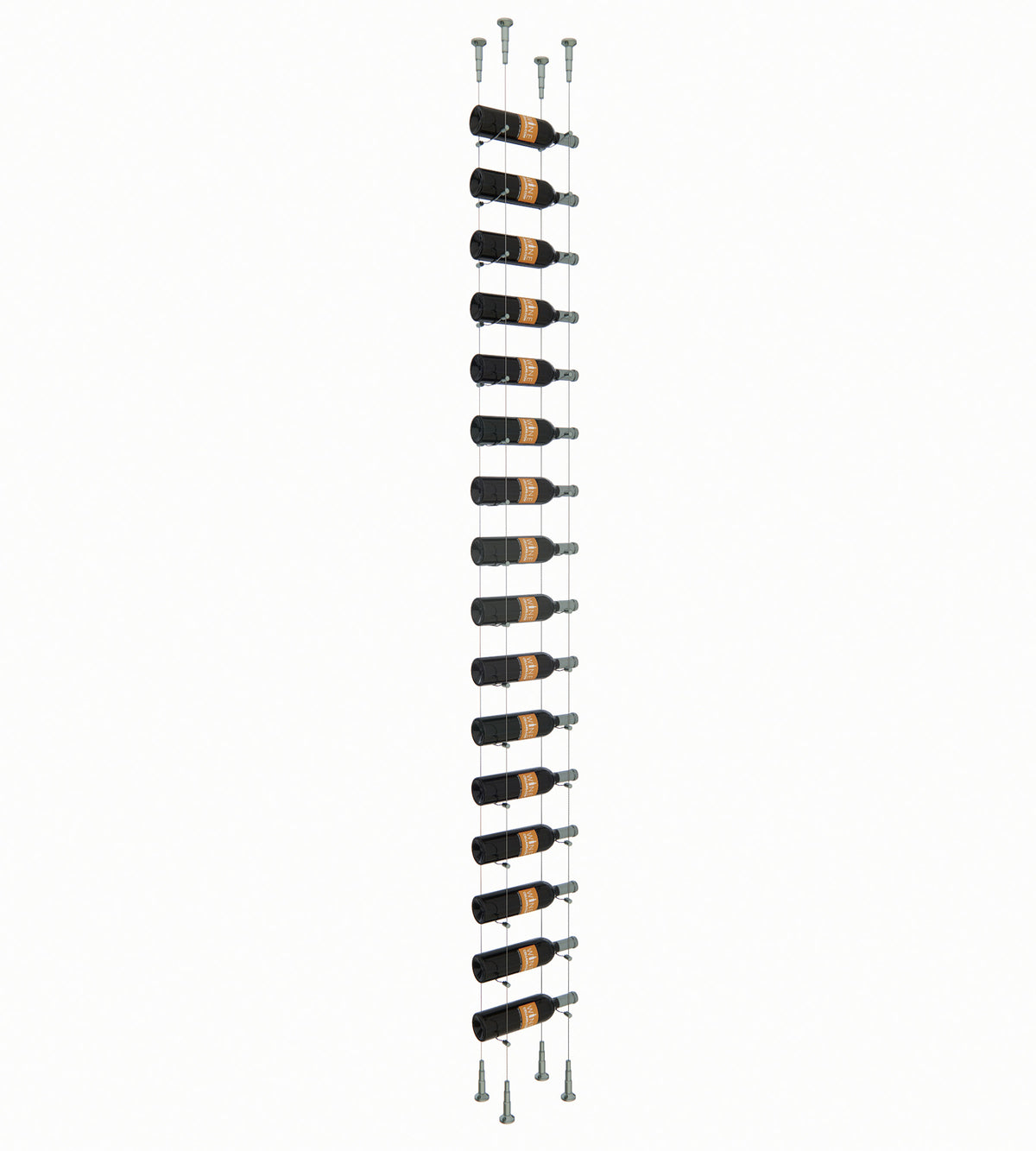16-bottle wine storage rack with rows of bottle cradles and vertical mounting posts