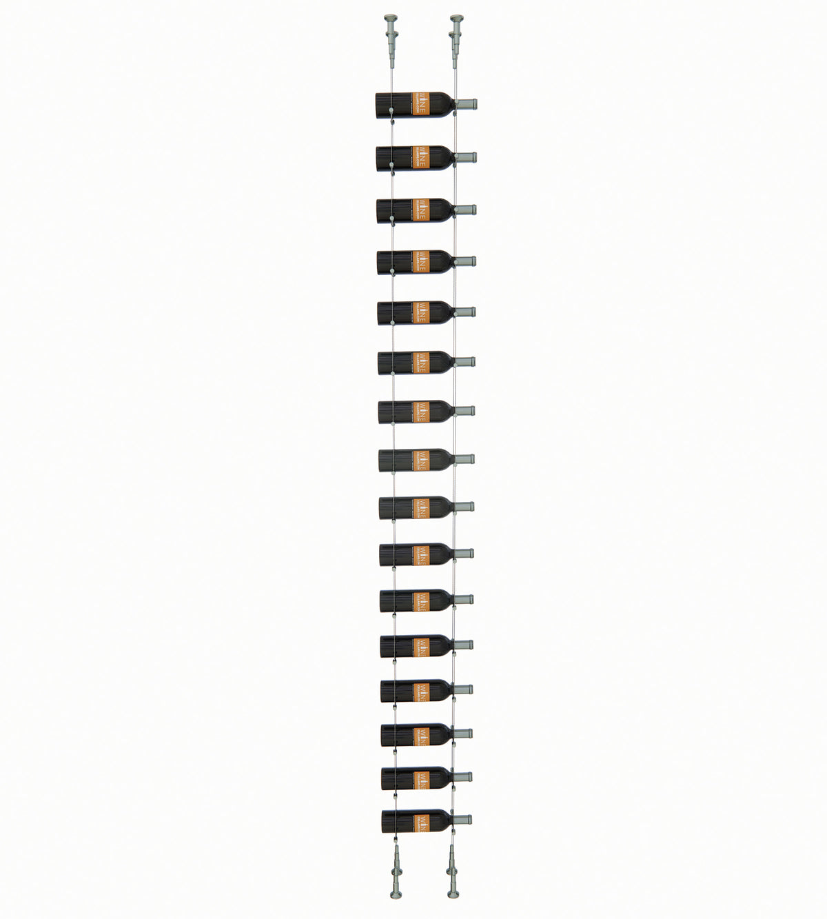 16-bottle wine rack with black bottle cradles and metal rails for wall mounting