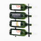 Wall-mounted bottle rack with four green glass bottles and metal holding bars