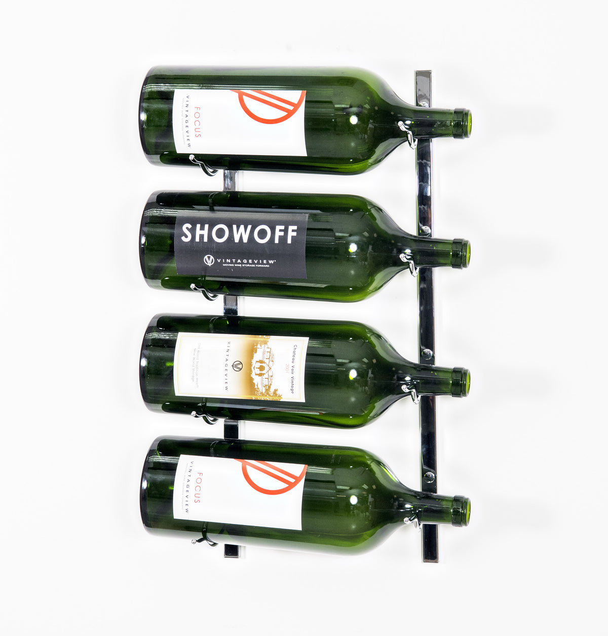Wall-mounted bottle rack with four green glass bottles and metal holding bars