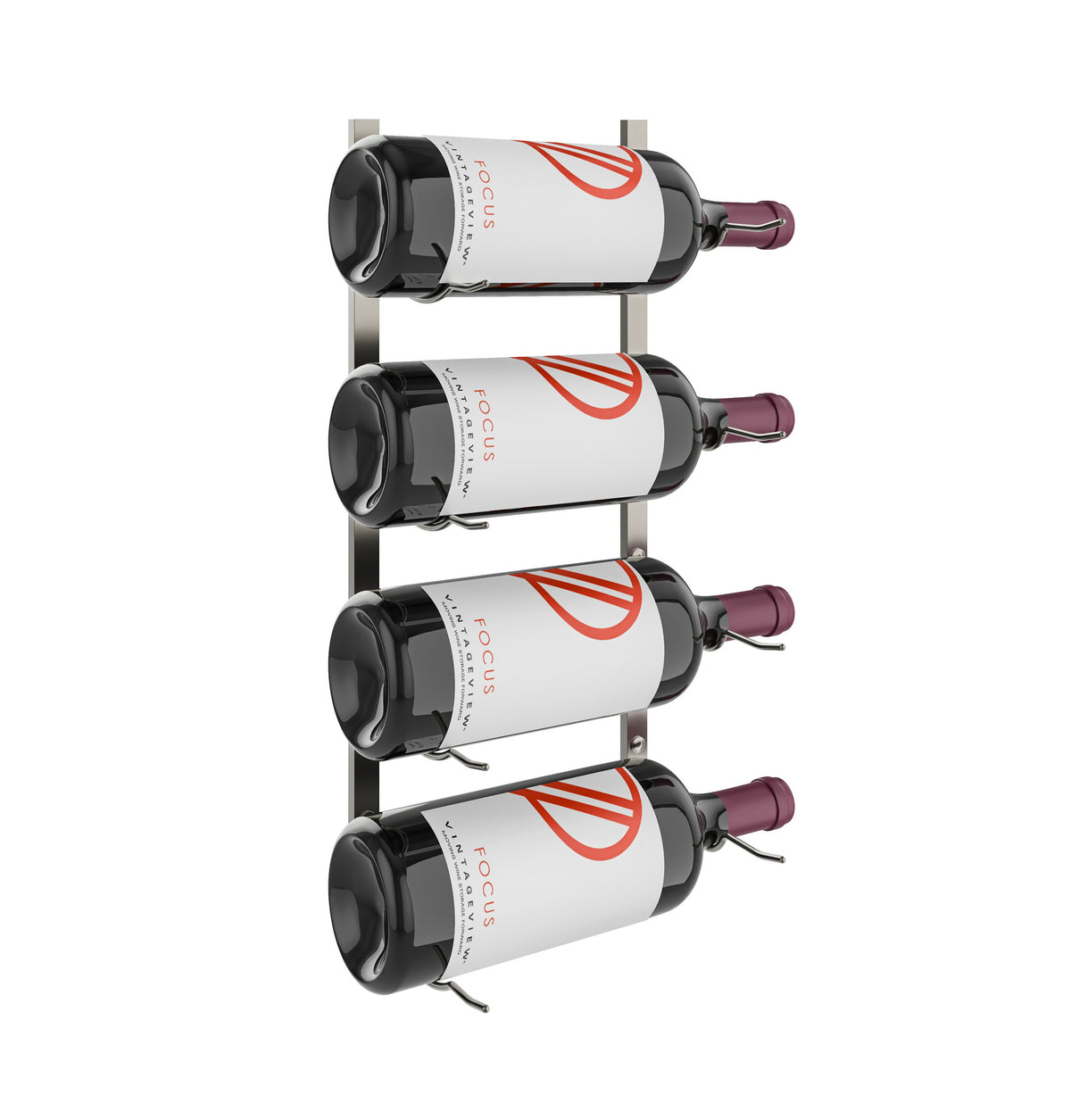 Wall-mounted bottle rack holding four gray bottles with maroon spouts on black frame