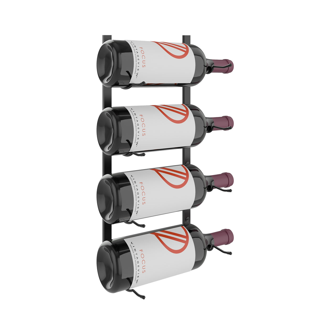 Wall-mounted bottle rack with four gray bottles and black supports