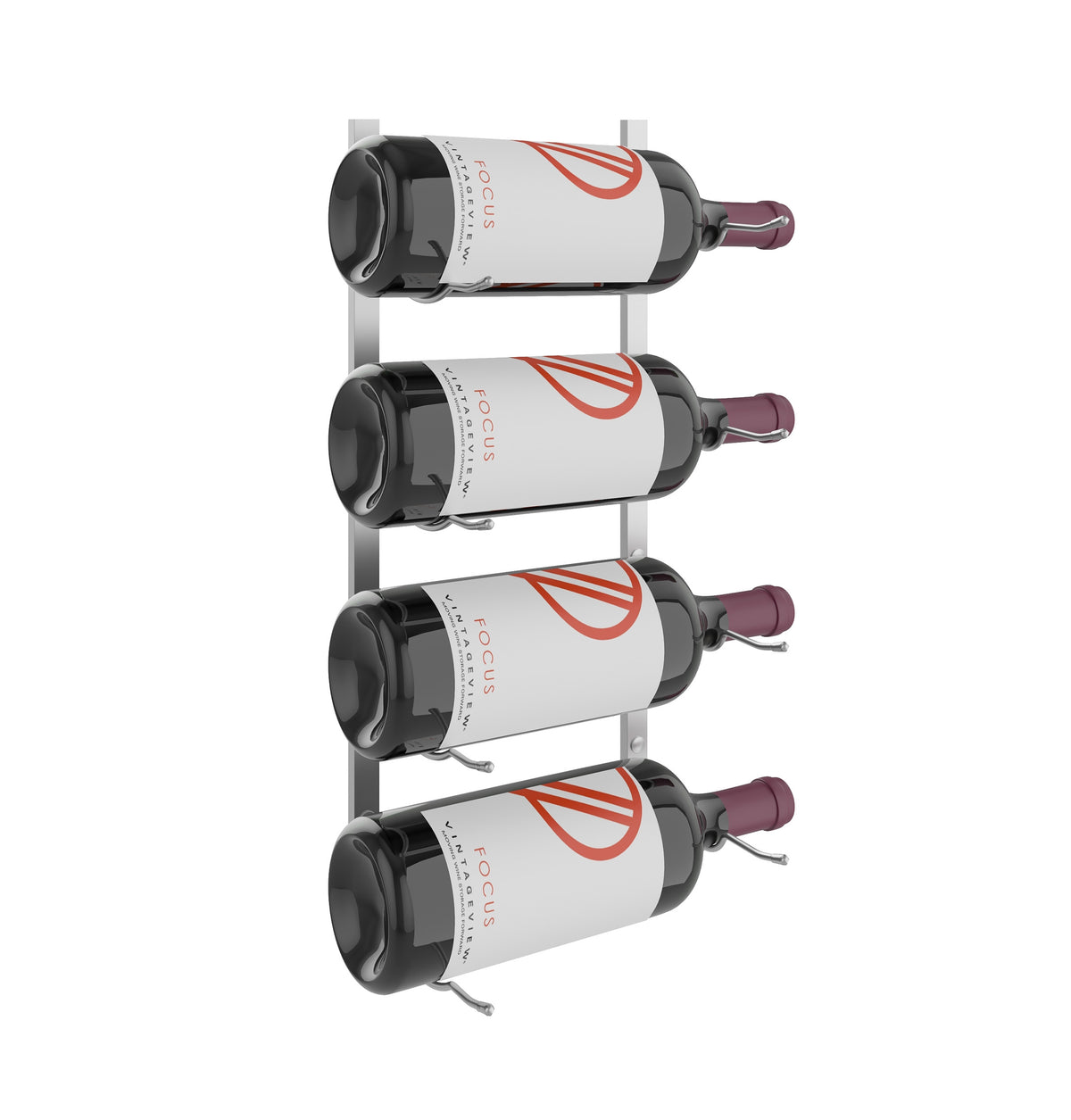 Wall-mounted bottle rack with four gray bottles and maroon bottle caps on black frame