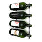 Wall-mounted bottle rack with four green glass bottles on silver metal rails