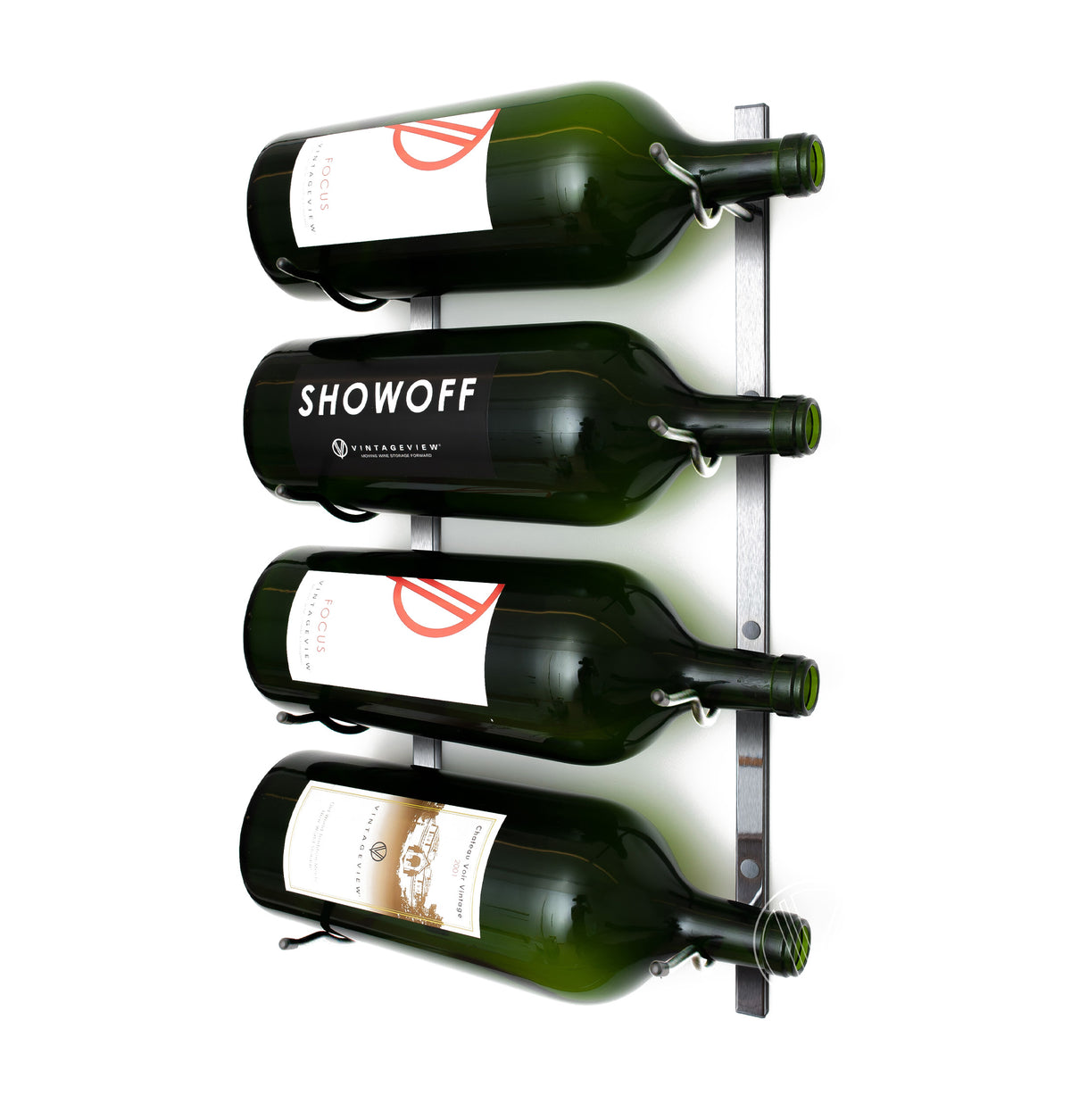 Wall-mounted bottle rack with four green glass bottles on silver metal rails