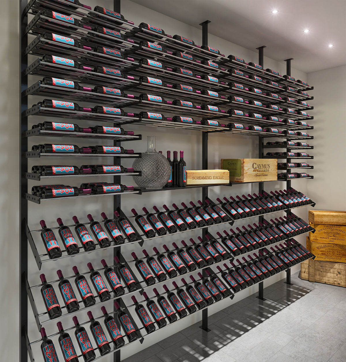 Wine storage wall with multiple two-bottle racks and row of bottles in holders