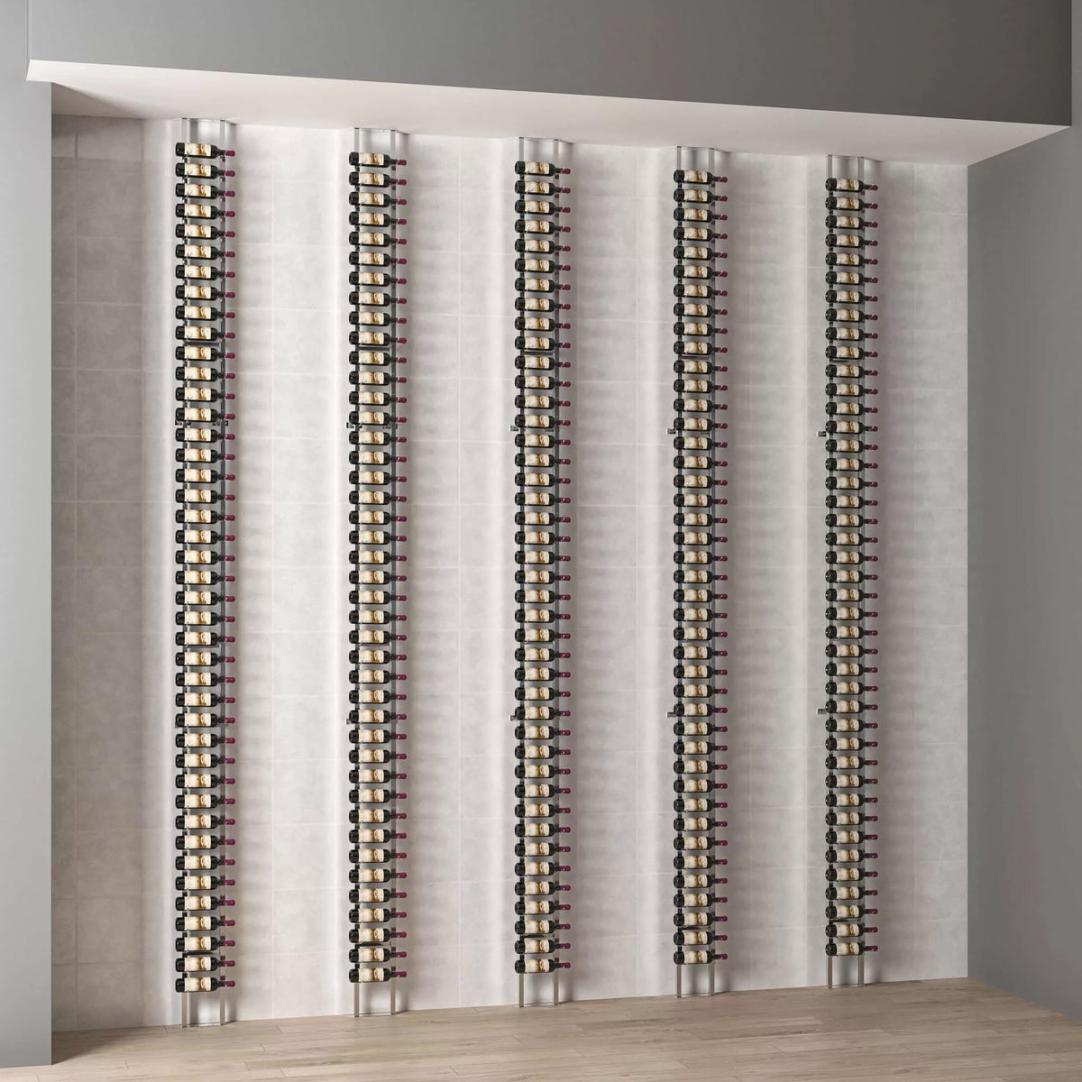 Set of wall-mounted frame extension brackets with metallic finish on multiple vertical supports