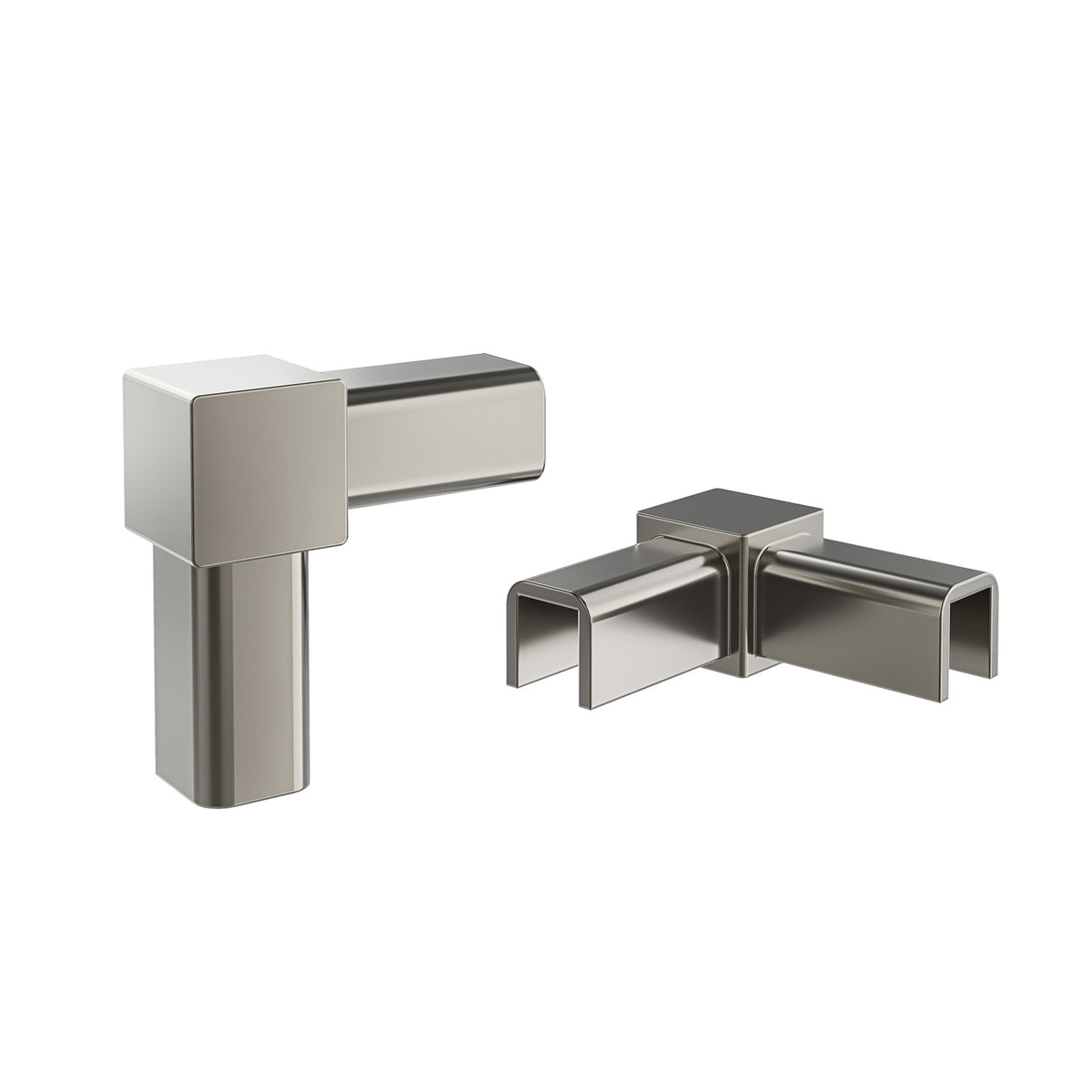 Brushed nickel floating frame elbow wall bracket with two short open U mounts