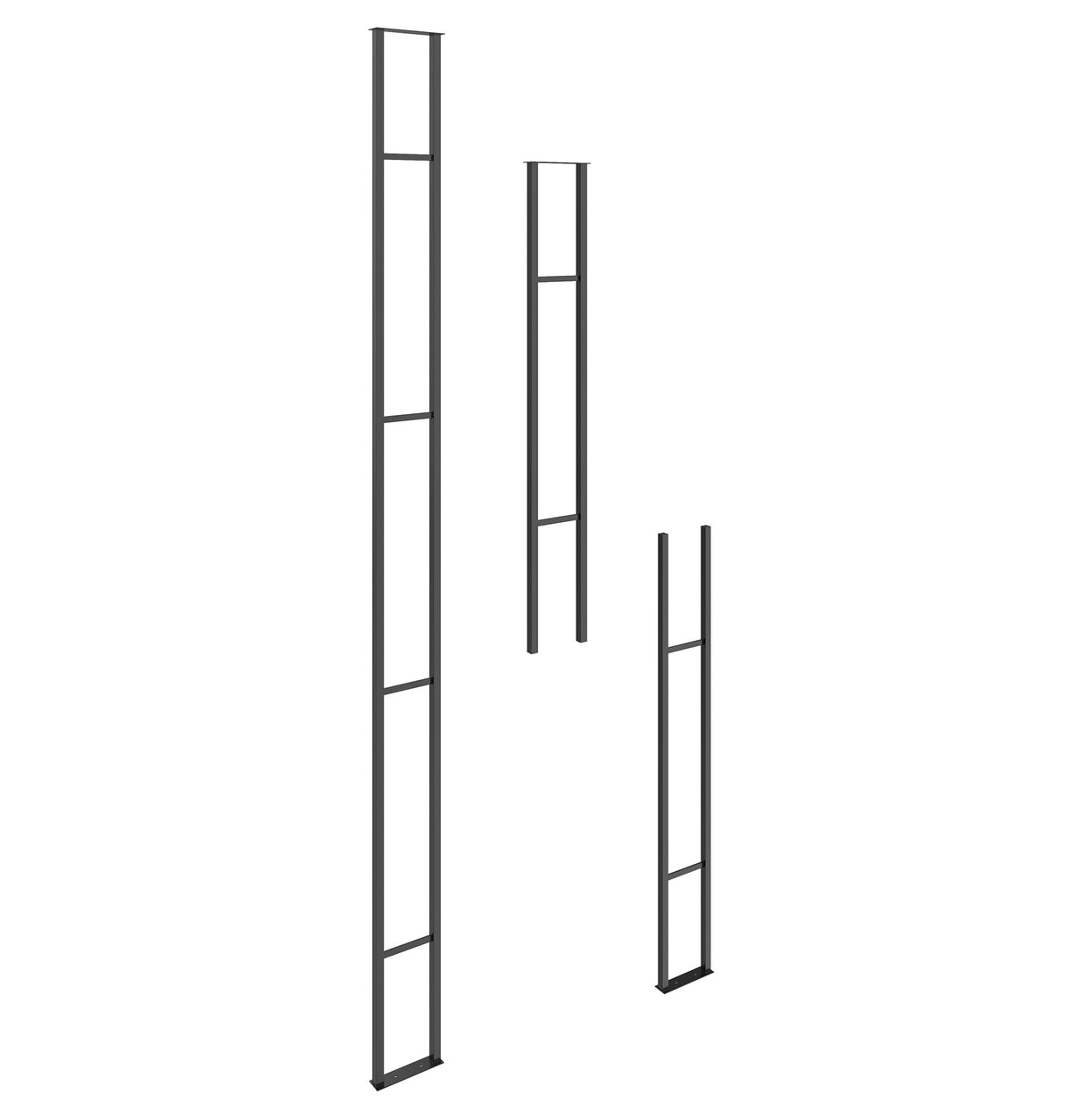 Floating wall frame with vertical rails and horizontal dividers, gunmetal finish