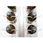 Floating wall frame with golden bronze rails holding wine bottles behind